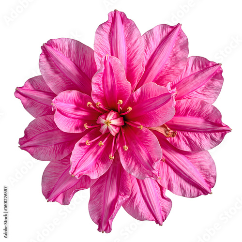 Vibrant pink rhododendron blooms with striking petals strikingly centered and set against a clean white background