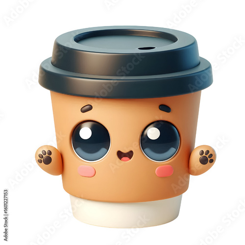 3D Cute brown paper coffee cup cartoon illustration isolated on white background