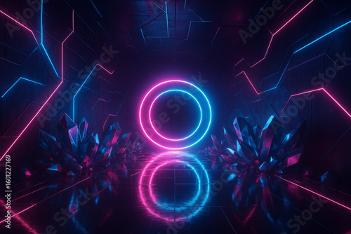 Futuristic Neon Sci-Fi Tunnel with Glowing Portal and Crystal Structures in Surreal Digital Landscape