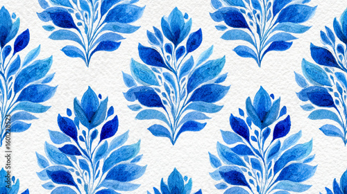 Blue botanical pattern painted in watercolor on textured paper background