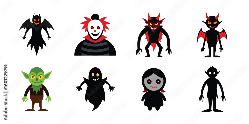 Naklejka premium Vector art of a diverse collection of halloween characters including a winged demon a creepy clown a horned devil a