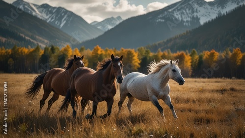 Three horses galloping across a golden autumn meadow, mountains in the background