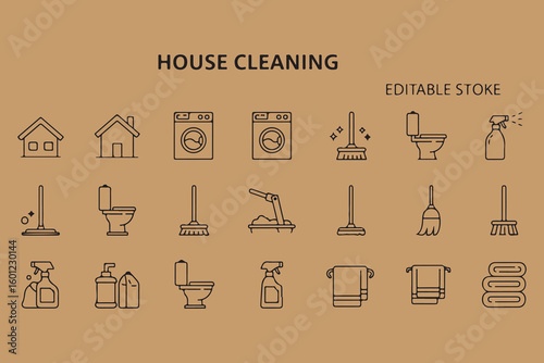 Collection of house cleaning icons and symbols for home hygiene and sanitation