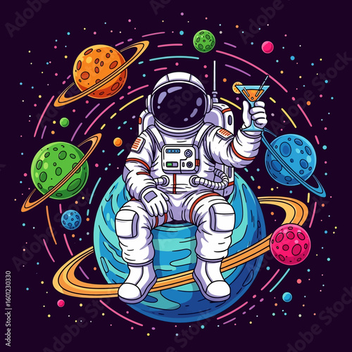 Adobe Illustrator artwork of an astronaut relaxing on a planet with a cocktail, surrounded by celestial bodies. Perfect for themes of leisure, space travel, and whimsical adventures