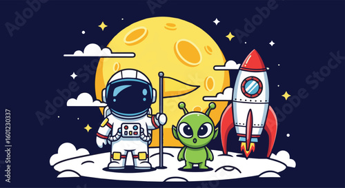 Adobe Illustrator artwork of a cute astronaut, a friendly alien, and a rocket on a moon-like surface. Ideal for themes of space exploration, cosmic friendship, and discovery