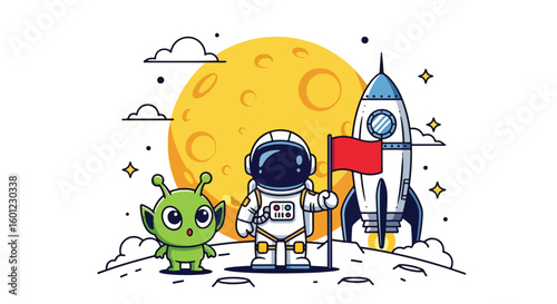 Adobe Illustrator artwork of a cute astronaut, a friendly alien, and a rocket on a moon-like surface. Ideal for themes of space exploration, cosmic friendship, and discovery