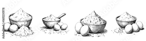 Set of Vintage black pen sketch close up of flour and eggs on white background  