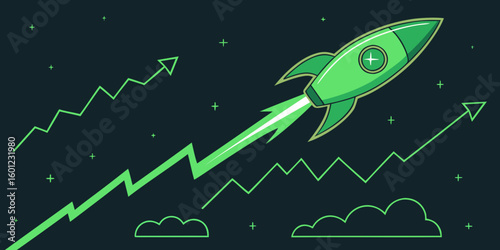 Grüne Rakete steht für Wachstum bei Aktien, ETF, Krypto/ Bitcoin und Indexfonds – Symbol für Geldanlage, finanziellen Erfolg, Wirtschaft, Investment, Trading und finanzielle Freiheit.
