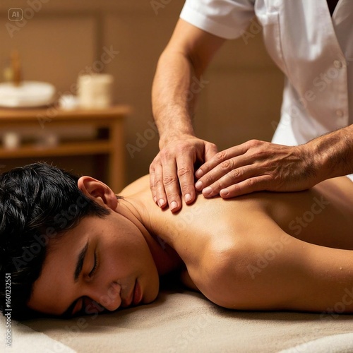 Therapist giving a relaxing back massage to a man lying on a massage table
