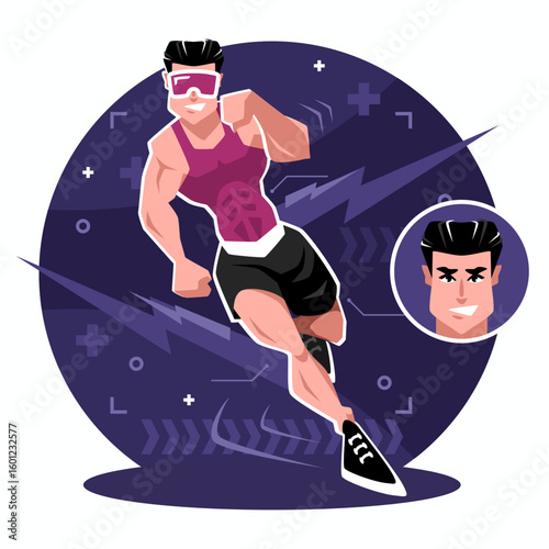 Running sportsman. Runner in protective glasses front view. Vector graphics
