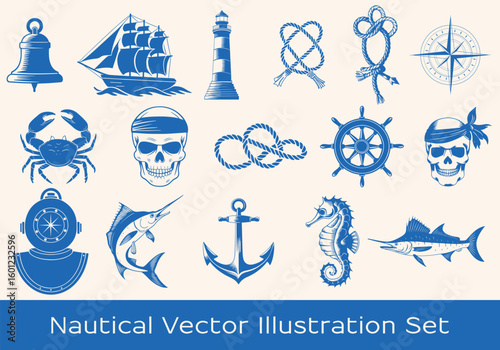 Nautical Icons Vector Set with Marine Symbols including ship, anchor, compass, skulls, sea animals, knots, and diving helmet.
