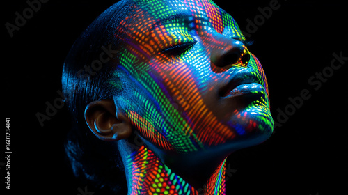 A woman with neon light patterns on her skin, illuminated by a black light, creating an otherworldly glow and intricate details of the pixelated face, capturing the futuristic essence of digital art 