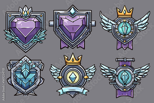 Set of Colorful Fantasy Shields and Badges with Gems and Wings
