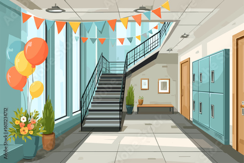 Bright and Cheerful Hallway with Decorations and Staircase