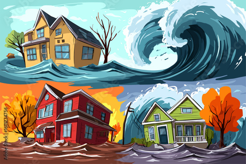 Impact of Natural Disasters: Houses Amid Flood and Tsunami Waves
