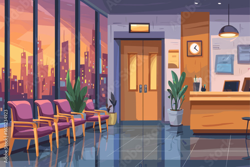 Modern Office Reception Area with Sunset View and Cozy Seating