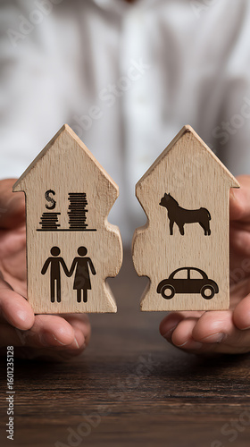 Divided wooden house puzzle symbolizing family assets and separation division money