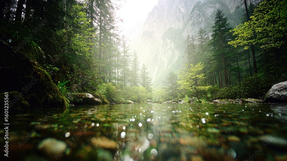 Obraz premium Crystal-clear mountain stream flowing through a lush forest.