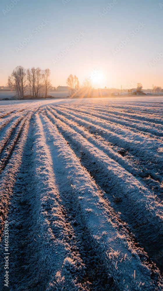 Obraz premium Frost covered furrows bathed in golden sunrise light field winter