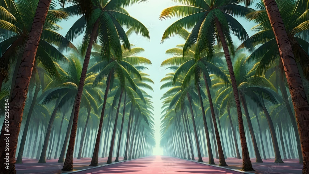 Fototapeta premium A Serene Pathway Flanked by Towering Palm Trees Leading into a Lush Tropical Landscape Under Soft Ambient Light