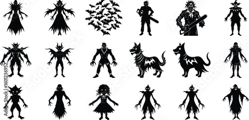 Vector art of a collection of black silhouettes of various halloween monsters and creatures including witches