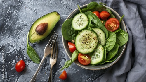 Vegetable salad with sliced cucumbers, avocado, and fresh tomatoes. Vegetarian dish. It is rich in vitamins and minerals. View from above.