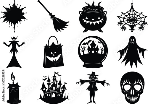 Vector art of a collection of black and white halloween icons showcasing a haunted castle a witch a scarecrow a