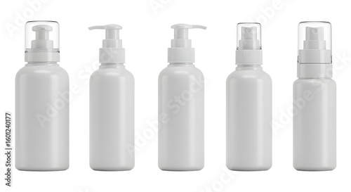 A collection of five sleek, white cosmetic bottles with various pump designs, set against a neutral background for product showcasing