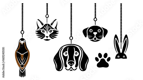 Hanging animal ornaments including a bird, cat, two dogs, rabbit, and paw print on white background transparent background silhouette
