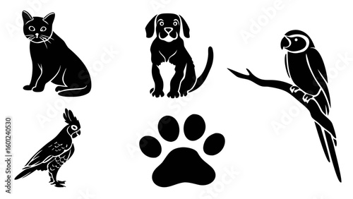 Illustration of a cat dog parrot and cockatoo along with a paw print in black and white style art transparent background silhouette