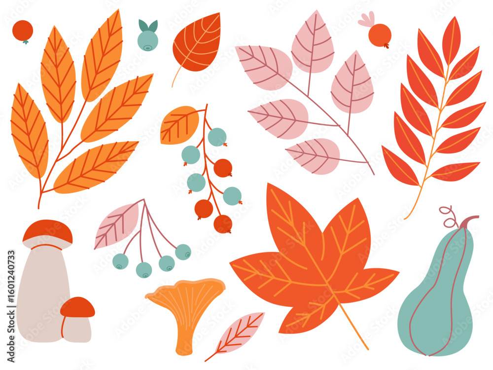 Obraz premium Autumn set with leaves, berries and mushrooms in delicate bright colors