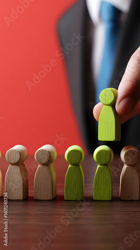 Hand selecting a green wooden figure from a row of figures selection choosing