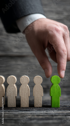 Hand selecting a green wooden person from a line of figures business choice