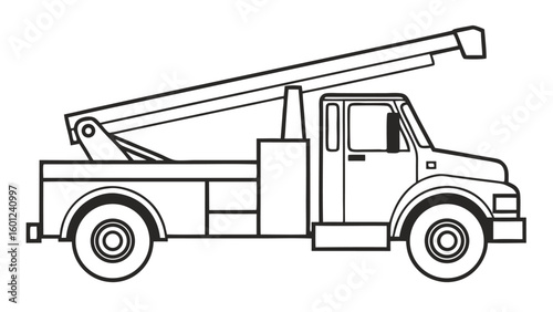 Line drawing of a utility bucket truck with a raised boom