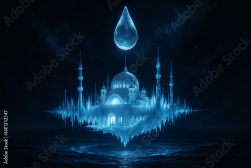 Illustrations of mosque Carved From Singing Light Orbiting a Giant Tear Drop