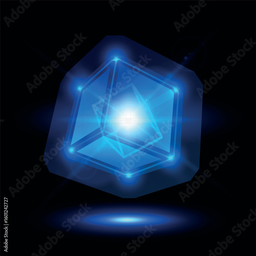 Abstract cube with glowing dots, rays, highlights and reflection, neon blue color.