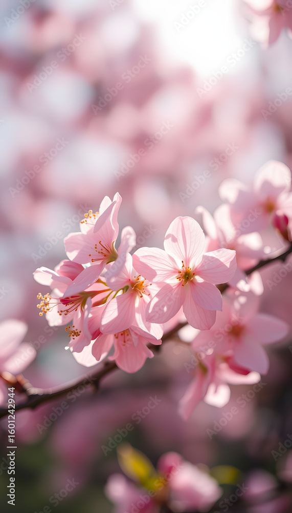 Naklejka premium Pink cherry flowers close up macro. Sakura blossoms in the spring against sunlight. Beautiful delicate gentle colorful artistic image of spring, mindfulness theme. White tone