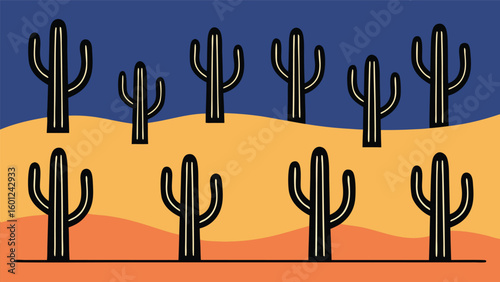 Stylized saguaro cacti in a desert landscape at dusk