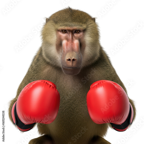 Baboon wearing red boxing gloves isolated on transparent background