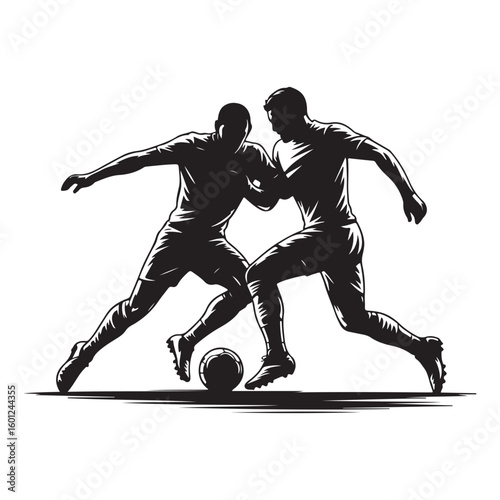 Silhouette illustration of two soccer players competing for the ball in a dynamic action pose on white