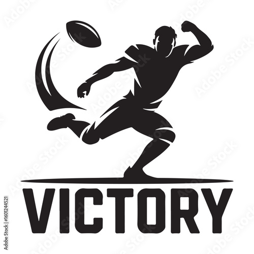Silhouette of football player kicking ball with victory text in black and white design illustration