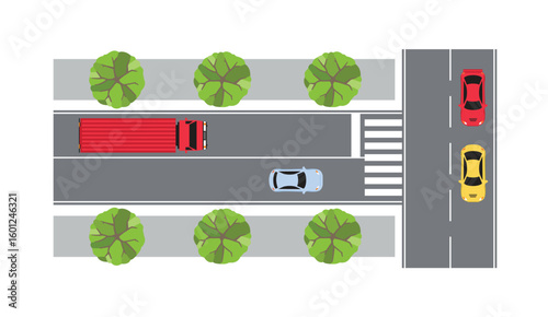 Crossroad top view. A city road with a popoh on the side of the road. Illustration. A toll road with transportation.
