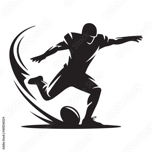 Silhouette of a football player kicking the ball with motion lines in a dynamic action pose design