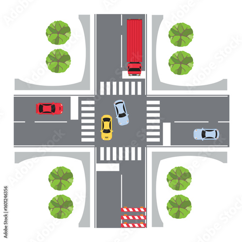 Crossroad top view. A road intersection with cars passing by. Illustration. An urban street with transportation at the intersection.