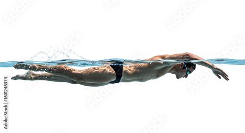 Competitive swimmer gliding through clear water, showcasing perfect form and technique in a serene aquatic environment