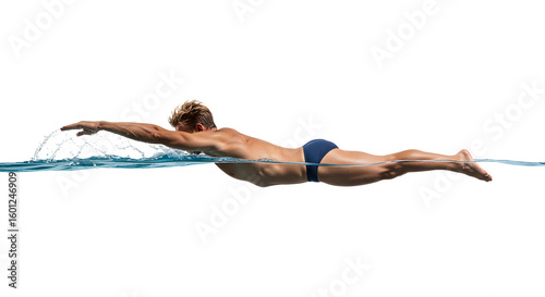 Male swimmer diving into clear water with a dynamic splash, showcasing athleticism and focus in a serene aquatic environment