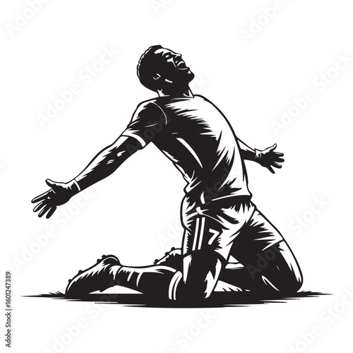 Illustration of a soccer player kneeling in celebration with arms outstretched in black and white