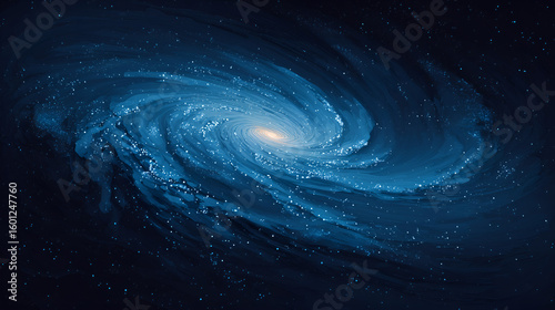 Galactic Azure Swirl: A mesmerizing spiral galaxy, awash in celestial blues and radiant golds, unfurls its cosmic ballet, a breathtaking glimpse into the vastness of the universe.