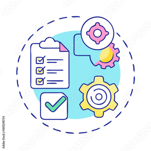Conceptual Illustration of Business Process Management with Checklist and Cogwheel Icons