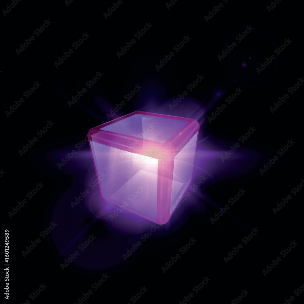 Fototapeta premium Energy glow cube block vector design, shiny blue neon 3D square shape, cyber matrix box, high tech computer engineer